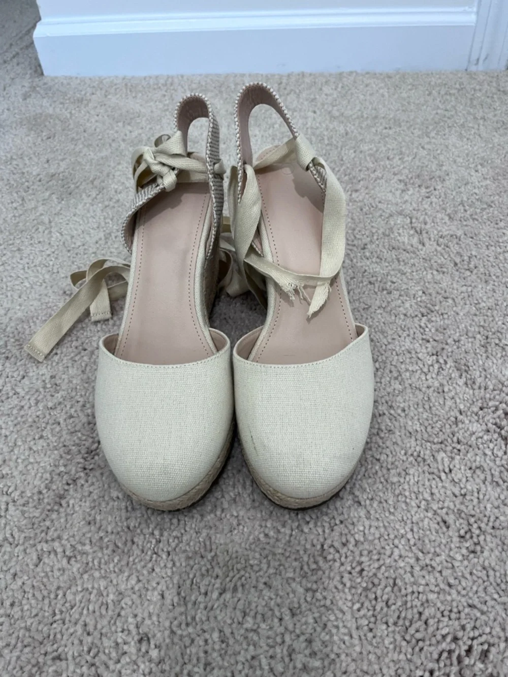 Espadrille Wedge Sandal in Light Beige Cream Tan with Ankle Tie Size: 10
